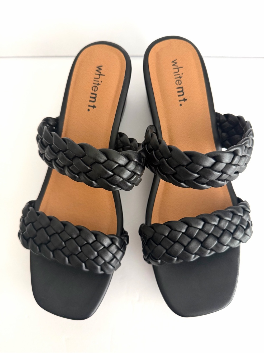 Whitemt. Black Braided Double-Strap Wedge Sandals